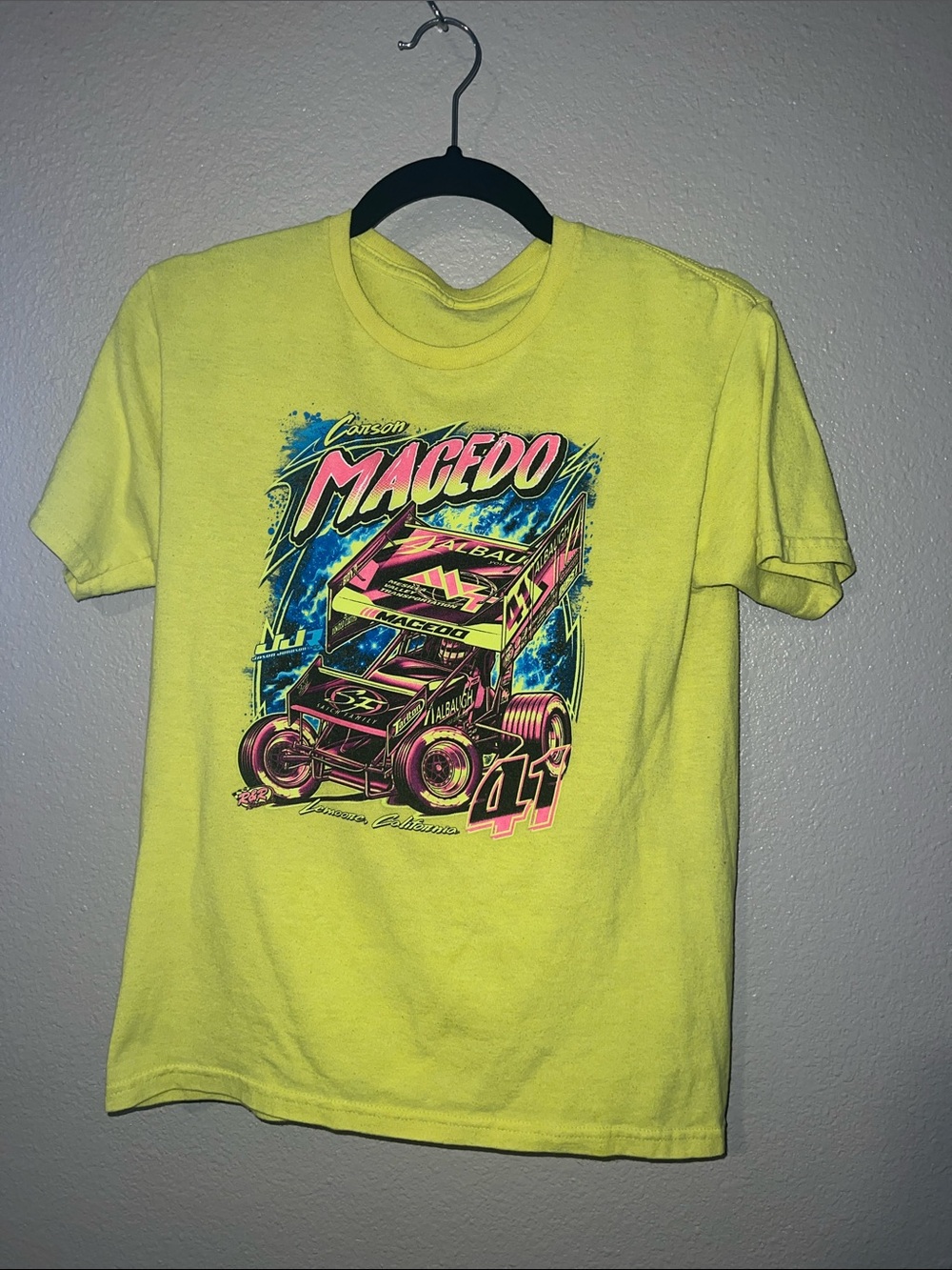 Carson Macedo neon yellow racing shirt boys